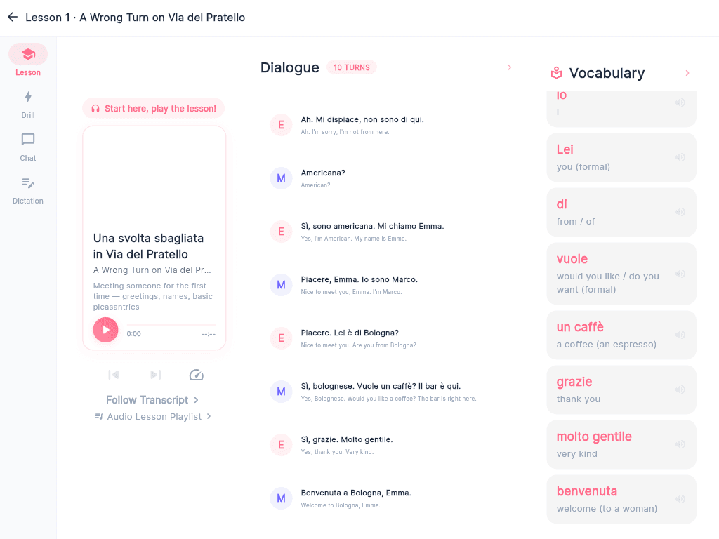 LangBlitz understand view with transcript and vocabulary review