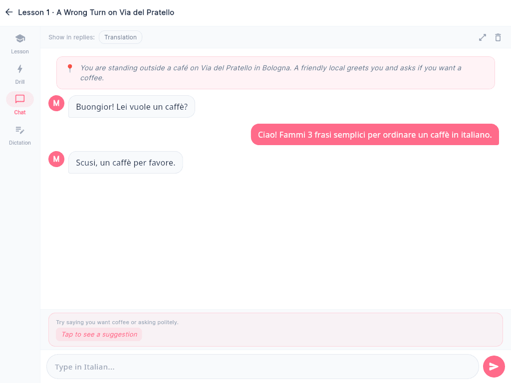 LangBlitz AI chat tab showing realistic multi-turn conversation